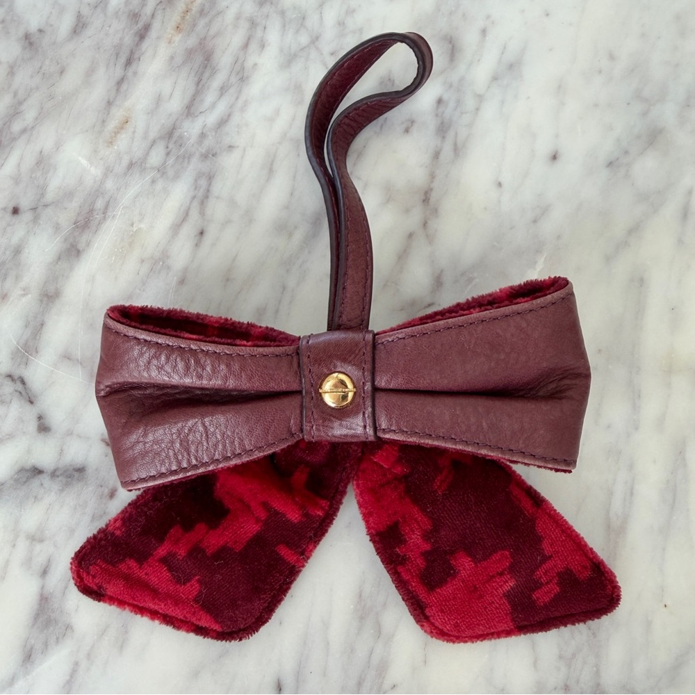 🎀 JUICY COUTURE Bow Bag Charm Red Houndstooth Velour Burgundy Leather